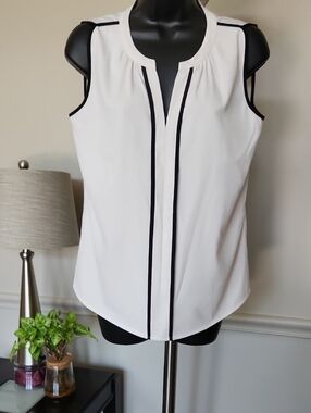 Calvin Klein White Sleeveless Blouse with Black Trim